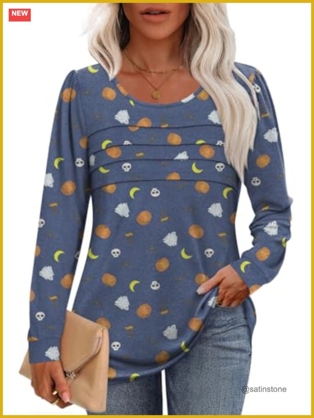 Women's Long Sleeve Pleated Tunic Blouse - Soft Stretch Crew Neck Casual Work